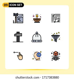Mobile Interface Filledline Flat Color Set of 9 Pictograms of knitted; tools; music; hammer; sound Editable Vector Design Elements