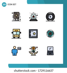 Mobile Interface Filledline Flat Color Set of 9 Pictograms of deposit; van; ball; vehicles; sport Editable Vector Design Elements