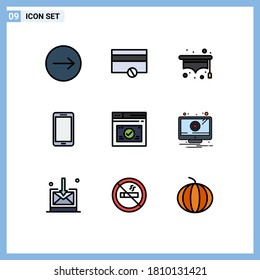 Mobile Interface Filledline Flat Color Set of 9 Pictograms of website; secure; student; page; huawei Editable Vector Design Elements