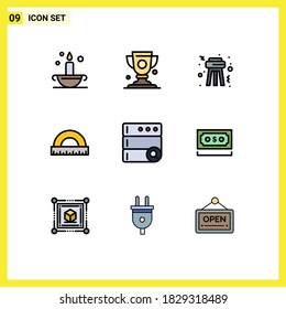 Mobile Interface Filledline Flat Color Set of 9 Pictograms of search; scale; stool; ruler; construction Editable Vector Design Elements