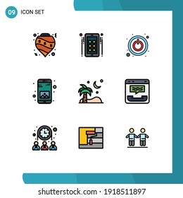 Mobile Interface Filledline Flat Color Set of 9 Pictograms of beach; mobile; advertise; gallery; app Editable Vector Design Elements