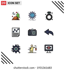 Mobile Interface Filledline Flat Color Set of 9 Pictograms of camera; page; diamond; letter; data Editable Vector Design Elements