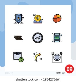 Mobile Interface Filledline Flat Color Set of 9 Pictograms of eye; brick; analytics; wall; firewall Editable Vector Design Elements
