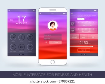 Mobile interface for fitness and health accounting app.