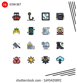 Mobile Interface Flat Color Filled Line Set of 16 Pictograms of venetian; mask; halloween; math; calculation Editable Creative Vector Design Elements
