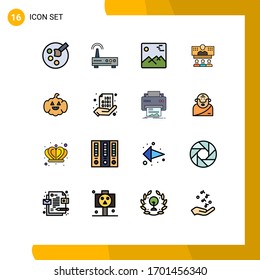 Mobile Interface Flat Color Filled Line Set of 16 Pictograms of pumkin; internet; image; connection; business Editable Creative Vector Design Elements