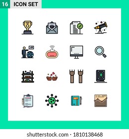 Mobile Interface Flat Color Filled Line Set of 16 Pictograms of globe; telescope; approve; space; office Editable Creative Vector Design Elements