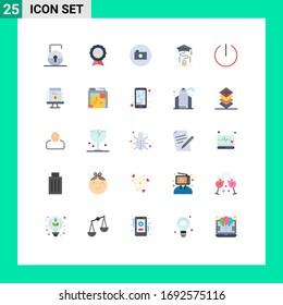 Mobile Interface Flat Color Set of 25 Pictograms of off; online; trusted; graduation; multimedia Editable Vector Design Elements