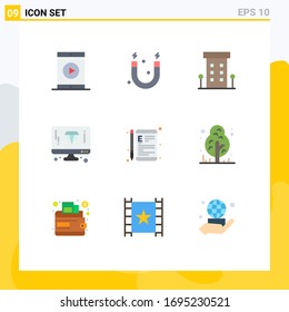 Mobile Interface Flat Color Set of 9 Pictograms of online; computer; buildings; diamond; store Editable Vector Design Elements