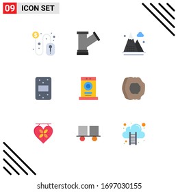 Conjunto de color plano de interfaz móvil de 9 pictogramas de secador; envase; actividades; alimentos; elementos de diseño de vectores editables por naturaleza