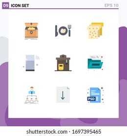 Mobile Interface Flat Color Set of 9 Pictograms of bus station; wifi; bread; things; iot Editable Vector Design Elements