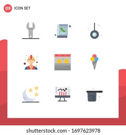 Mobile Interface Flat Color Set of 9 Pictograms of ice cream; train; pendulum; garage; worker Editable Vector Design Elements