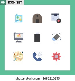 Conjunto de colores planos de interfaz móvil de 9 pictogramas de software; editor; añadir; ordenador; elementos de diseño de vectores editables de productos