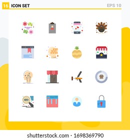 Mobile Interface Flat Color Set of 16 Pictograms of page; turkey; cv; thanksgiving; corn Editable Pack of Creative Vector Design Elements