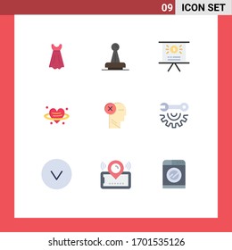 Mobile Interface Flat Color Set of 9 Pictograms of brain; valentine; rubber; love; presentation Editable Vector Design Elements