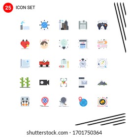 Mobile Interface Flat Color Set of 25 Pictograms of game controller; diskette; business; floppy; landmark Editable Vector Design Elements