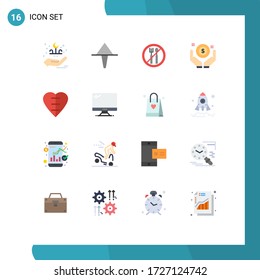 Mobile Interface Flat Color Set of 16 Pictograms of medical sign; heart shape; ramadan; heart; money Editable Pack of Creative Vector Design Elements