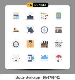 Mobile Interface Flat Color Set of 16 Pictograms of boots; mobile application; typewriter; mobile; ribbon Editable Pack of Creative Vector Design Elements
