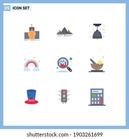 Mobile Interface Flat Color Set of 9 Pictograms of analytics; spring; mountain; rainbow; light bulb Editable Vector Design Elements