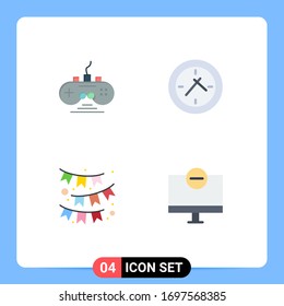 Mobile Interface Flat Icon Set of 4 Pictograms of controller; party; game pad; clock; computers Editable Vector Design Elements