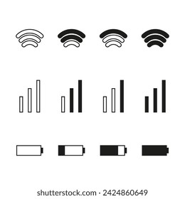Iconos de interfaz móvil. Carga de la batería, símbolo de señal wifi. Señal de conexión móvil, iconos de nivel. Ilustración vectorial. EPS 10.