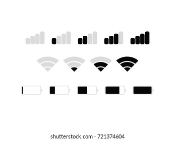 Mobile interface icons, battery power charge, wi-fi signal, mobile connection signal level icons set