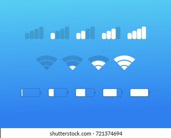Mobile interface icons, battery power charge, wi-fi signal, mobile connection signal level icons set