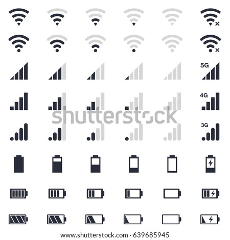 mobile interface icons, battery power charge, wi-fi signal and connection level sign set