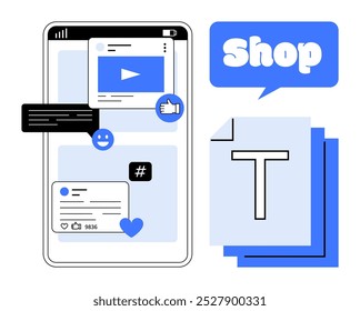 Mobile Benutzeroberfläche mit Symbolen wie Video-Player, Likes, Kommentaren, Hashtags und einer Eingabeaufforderung. Ideal für Social Media, digitales Marketing, Online-Shopping, Benutzerinteraktion, mobile Apps