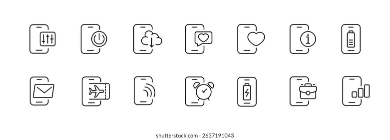 Mobile interface icons set: communication, travel, alerts, and health management