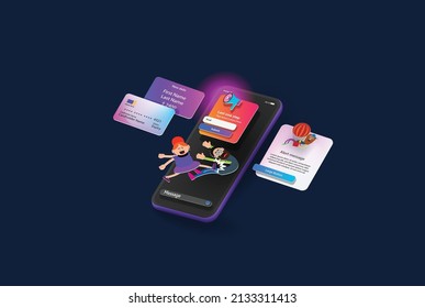 Interface mobile en isométrie avec caractères de dessin animé. Image vectorielle bannière