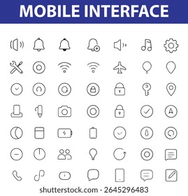 Ícones de linha de interface móvel - IU de aplicativo, navegação, botões, menu, notificações, gestos e muito mais - fornecidos em formatos editáveis, EPS, JPG, ideais para uso digital e impresso.
