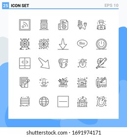 Conjunto de líneas de interfaz móvil de 25 pictogramas de hombre; bombilla; carpeta; energía; elementos de diseño de vectores económicos editables