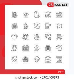 Mobile Interface Line Set of 25 Pictograms of mountain; swimming; computers; sun; mouse Editable Vector Design Elements