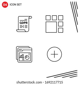 Mobile Interface Line Set of 4 Pictograms of consent; chart; general data protection; image; web Editable Vector Design Elements