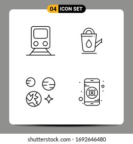 Mobile Interface Line Set of 4 Pictograms of rail; planet; transportation; bathroom; science Editable Vector Design Elements