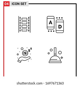 Mobile Interface Line Set of 4 Pictograms of animation; income; filmstrip; online; cash Editable Vector Design Elements