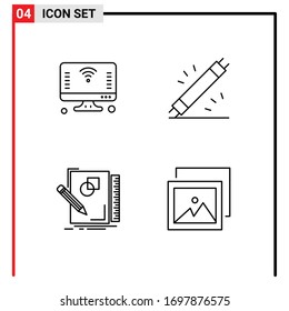 Mobile Interface Line Set of 4 Pictograms of computer; hardware; things; electric; sketching Editable Vector Design Elements