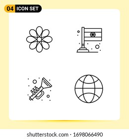 Mobile Interface Line Set of 4 Pictograms of flower; ireland; flower; flag; music Editable Vector Design Elements