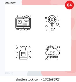 Mobile Interface Line Set of 4 Pictograms of lcd; cook; discount; new year; binary Editable Vector Design Elements