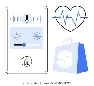 Mobile interface with microphone icon and controls for temperature. Heartbeat line, snowflake, sunshine, and shopping bag graphics. Ideal for smart technology, healthcare, commerce, voice control