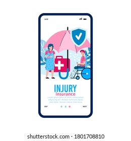Mobile interface on phone screen with medical app for accident insurance. Medicine and healthcare for patients with fractures and injuries. Vector flat cartoon illustration