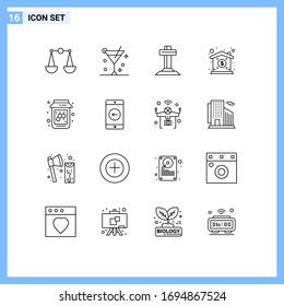 Mobile Interface Outline Set of 16 Pictograms of application; fruit; christian; bee; price Editable Vector Design Elements