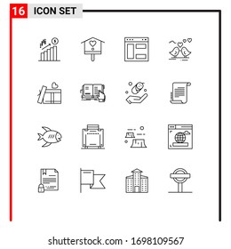 Mobile Interface Outline Set of 16 Pictograms of heart; heart; browser; wedding; bride Editable Vector Design Elements