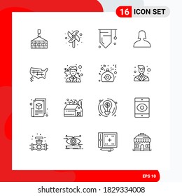 Mobile Interface Outline Set of 16 Pictograms of usa; states; education; map; support Editable Vector Design Elements