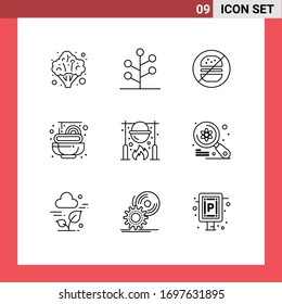 Mobile Interface Outline Set of 9 Pictograms of picnic; autumn; burger; spaghetti; food Editable Vector Design Elements