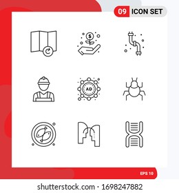 Mobile Interface Outline Set of 9 Pictograms of nature; strategy; plumbing; marketing; worker Editable Vector Design Elements