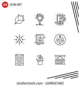 Mobile Interface Outline Set of 9 Pictograms of book; selection; card; focus; choice Editable Vector Design Elements