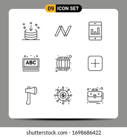 Mobile Interface Outline Set of 9 Pictograms of container; alcohol; analytics; school; learning Editable Vector Design Elements
