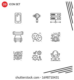 Mobile Interface Outline Set of 9 Pictograms of holi; bread; zoom; service; car Editable Vector Design Elements